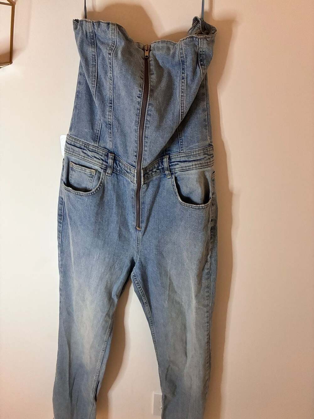 Pull&Bear Strapless Denim Corset Jumpsuit Light Wash XL